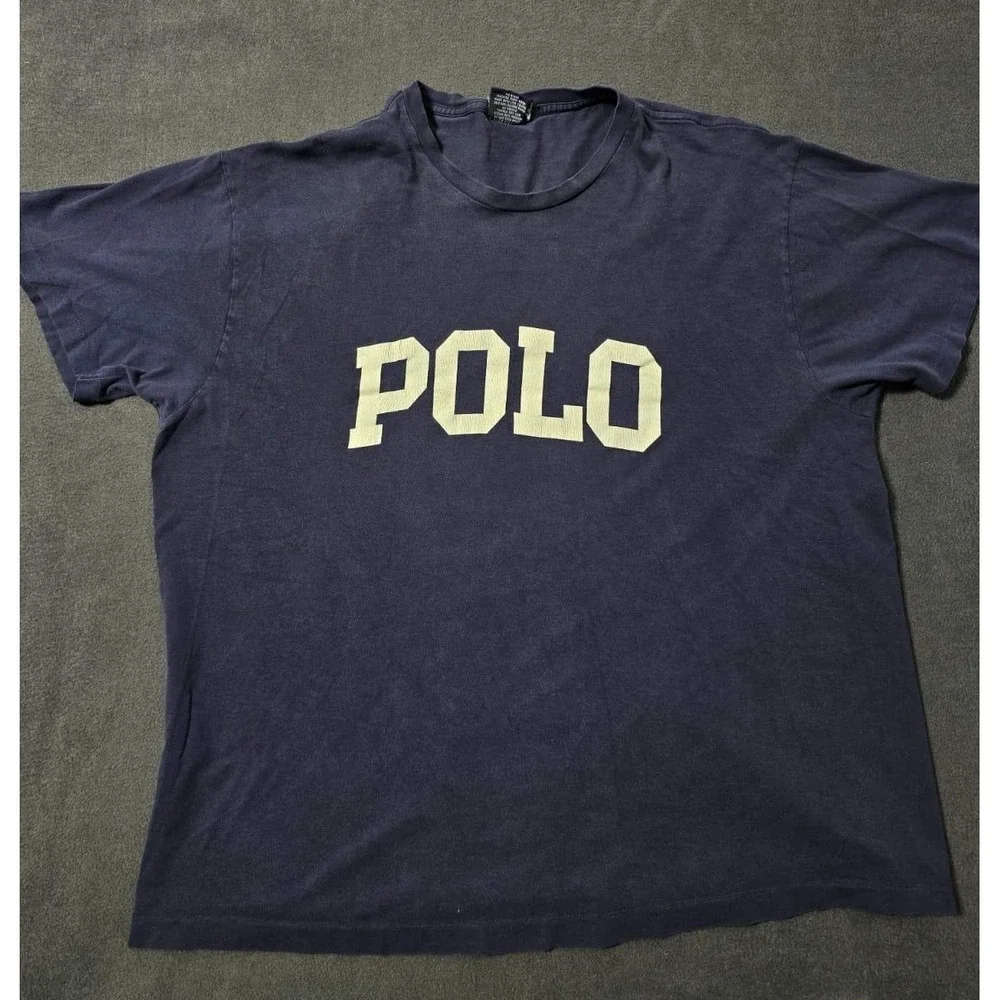 Polo Ralph Lauren Navy Blue Short Sleeve T‎ Shirt Logo Y2K 90s Distressed Large